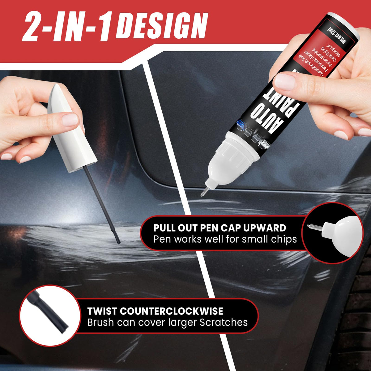 Touch Up Paint for Cars (Pearl White Multi-Coat PPSW), Compatible with Tesla Model Y/3/X/S, 0.4 fl oz Color Accurate 2-in-1 Car Paint Scratch Repair Pen, Easy to Use, Fast-Drying, Long-Lasting