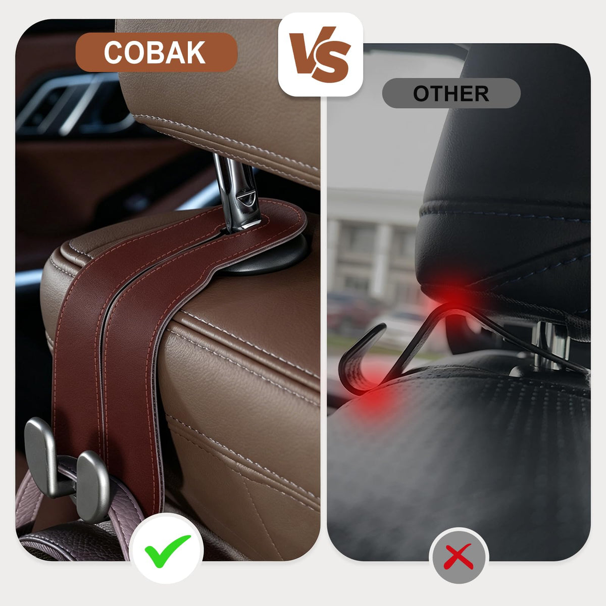 CoBak Purse Hook for Car - Universal Premium Stitched Leather and Aluminum-Magnesium Alloy Double Car Seat Back Storage Hook for Purses, Handbags, Bags (2 Pack),Black