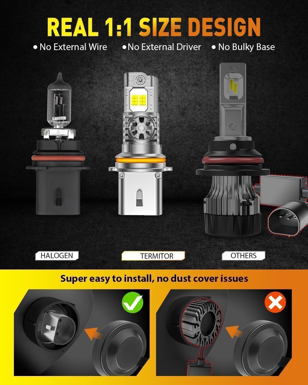 Termitor Latest H11 9005 LED Head1ight Bulbs Combo, 150,000LM LM High/Low Beam, 85K+ Hours Long Service Life, 6500K Cool White, Real 1:1 Halogen Size H9 HB3 Off-Road Light for Car UTV SUV, Plug N Play