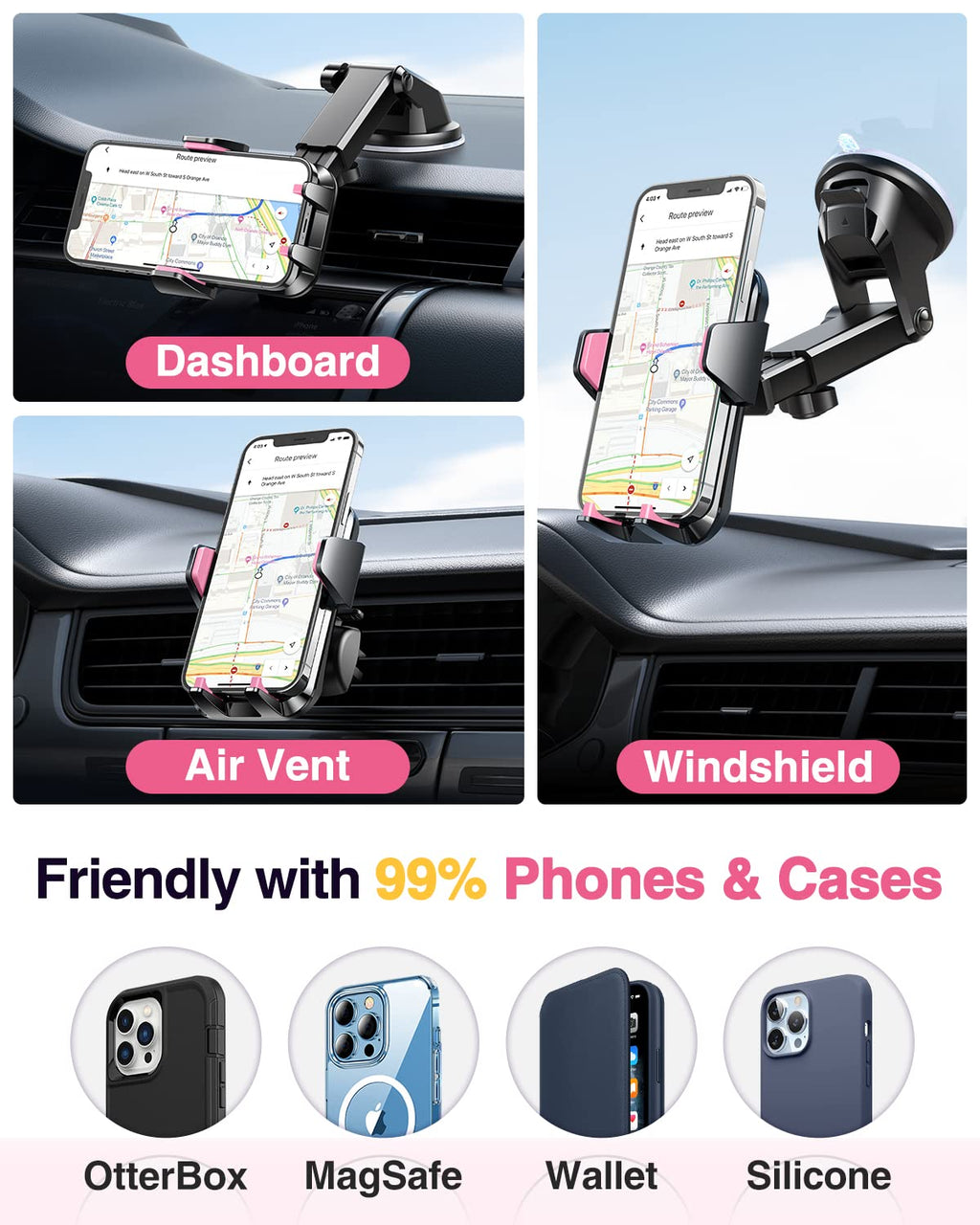 VANMASS【85+LBS Strongest Suction & Military-Grade Ultimate Car Phone Mount【Patent Safety Certs】 Cell Phone Holder for Dash Windshield Vent for iPhone 18 17 Pro Max Automobile Interior Sets, Ink Black