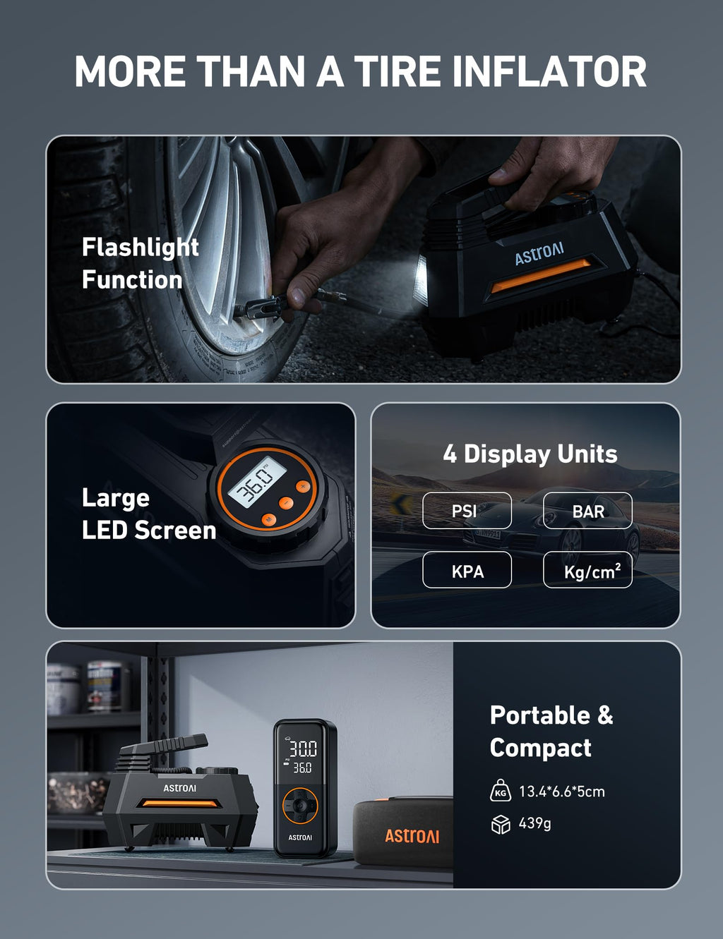 AstroAI H2 Pro Cordless Tire Inflator Portable Air Compressor 12VDC Battery