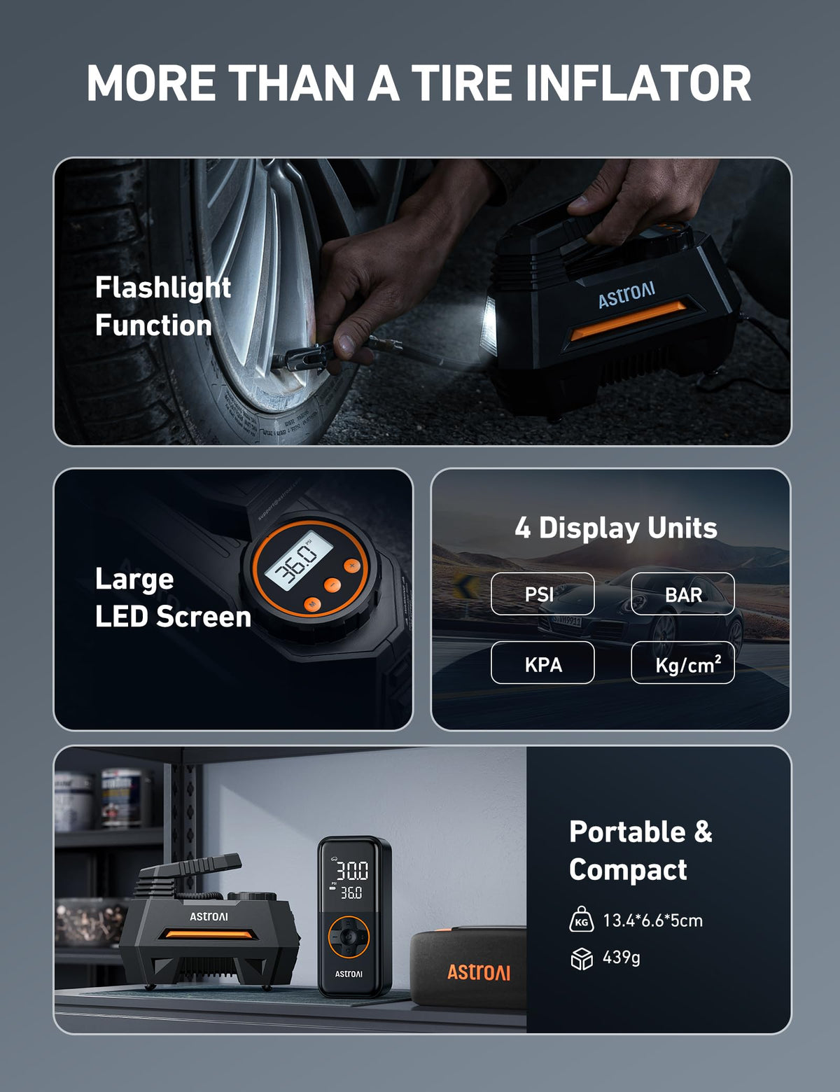 AstroAI H2 Pro Cordless Tire Inflator Portable Air Compressor 12VDC Battery
