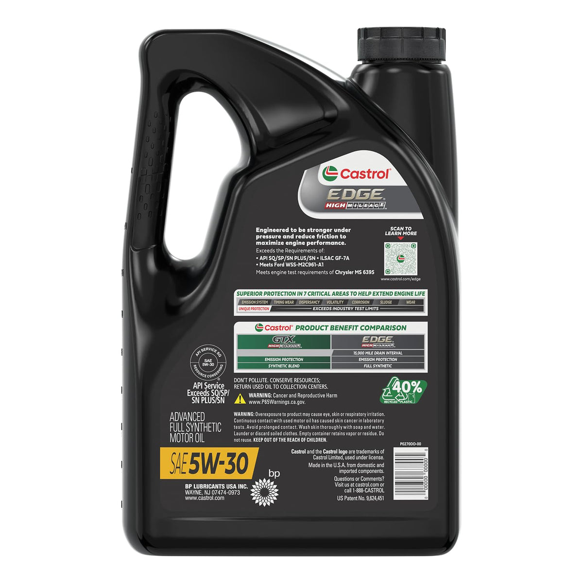 Castrol EDGE High Mileage 5W-30 Advanced Full Synthetic Motor Oil, 5 Quarts