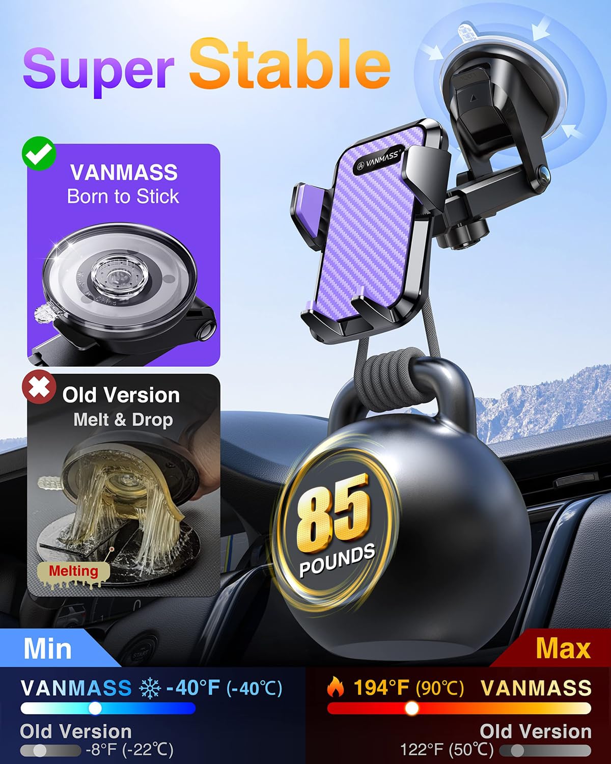 VANMASS【85+LBS Strongest Suction & Military-Grade Ultimate Car Phone Mount【Patent Safety Certs】 Cell Phone Holder for Dash Windshield Vent for iPhone 18 17 Pro Max Automobile Interior Sets, Ink Black