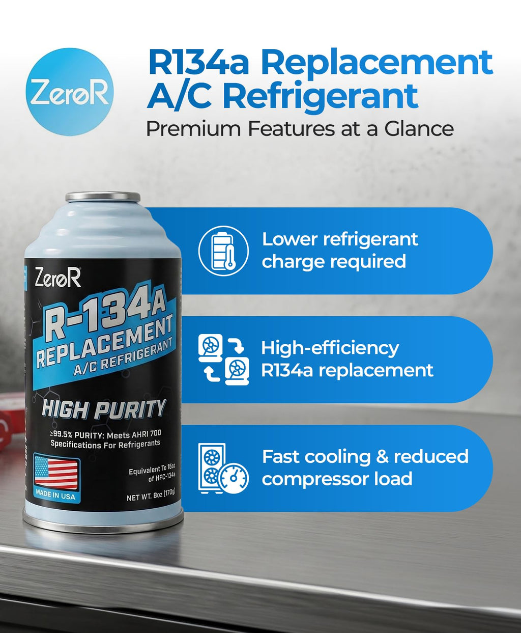 ZeroR AC Refrigerant R134a Replacement - Eco-Friendly, 100% Natural Hydrocarbon Gas - Compatible and Easy to Install with R134a A/C Recharge Systems - 3 Cans (6oz Each)