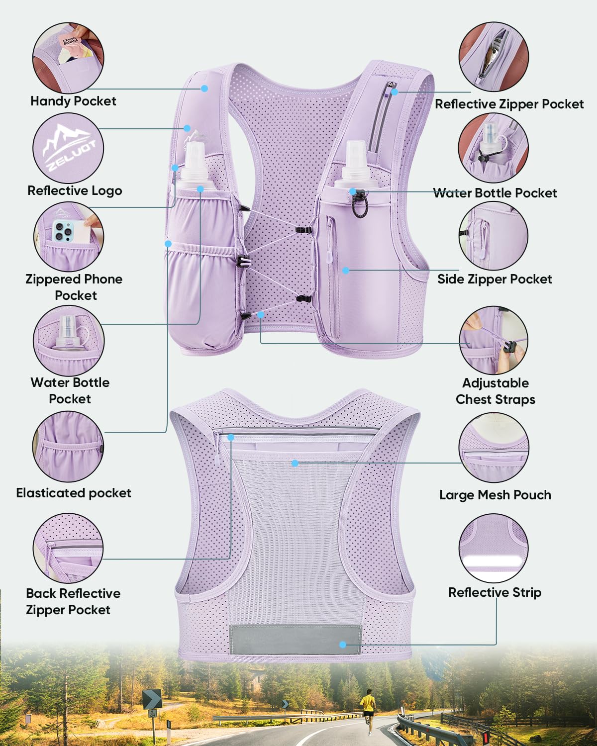 Zelvot Running Vest for Women Men, US Patent, Adjustable Chest Straps Running Hydration Vest with 500ml Soft Flask, Lightweight Reflective Hydration Backpack for Marathon
