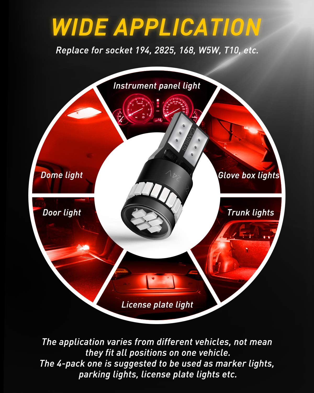 AUXITO 194 LED Bulb 6000K White Dome Light, 168 2825 W5W T10 Wedge 24-SMD 3014 Chipsets Error Free LED Replacement Light for Car Interior LED Dome Map Door License Marker Lights, Pack of 10