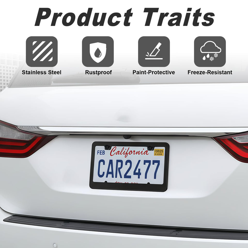 2 Pack Black License Plate Frames - Heavy Duty Stainless Steel Car License Plate Frame with 4 Holes, Rattle Proof Rustproof with Mounting Screws & Caps for Front Rear Cars