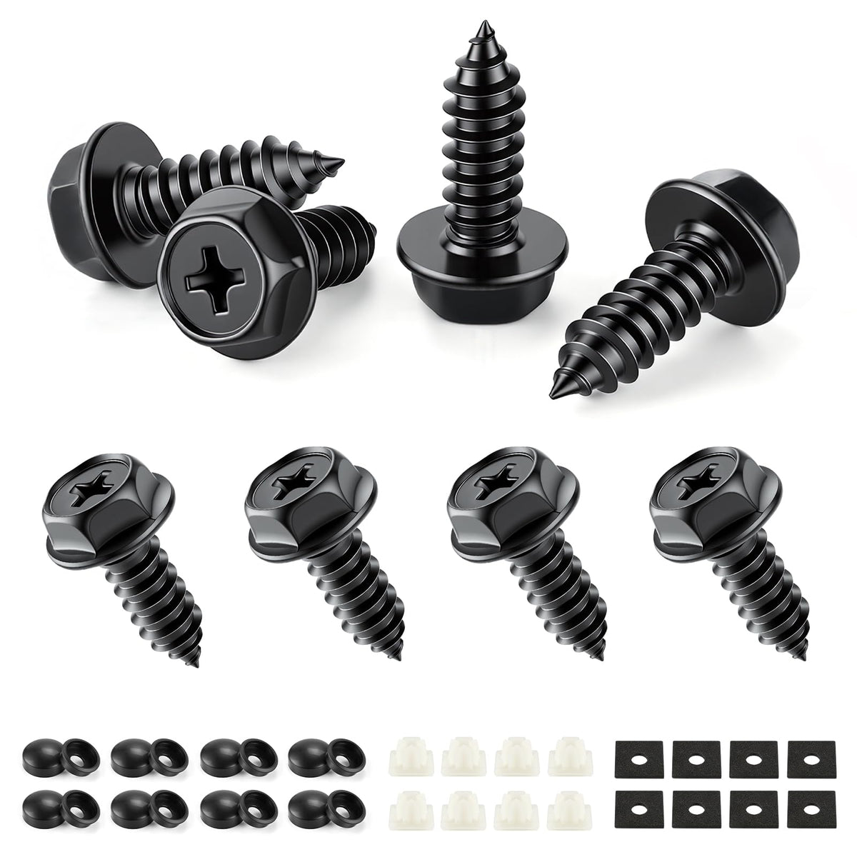 LivTee Rustproof License Plate Screws for Securing License Plates Frames and Covers on Cars and Trucks, 4 Sets Premium Stainless Steel Self Tapping Mounting Bolts (Black Zinc Plated)