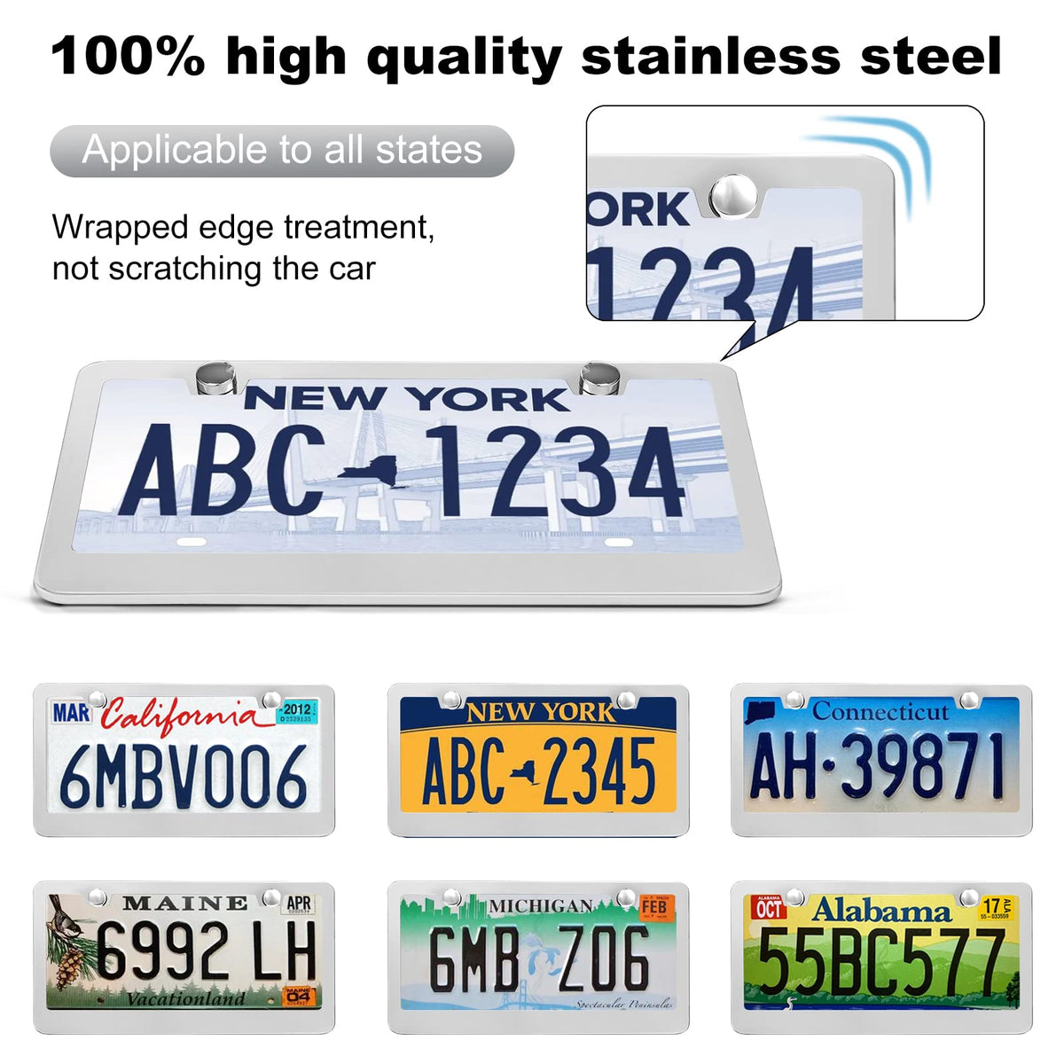 QUANQIUFEI 2 Pack License Plate Frames, Stainless Steel Car License Plate Cover Car Accessories with Screw Caps (Black)