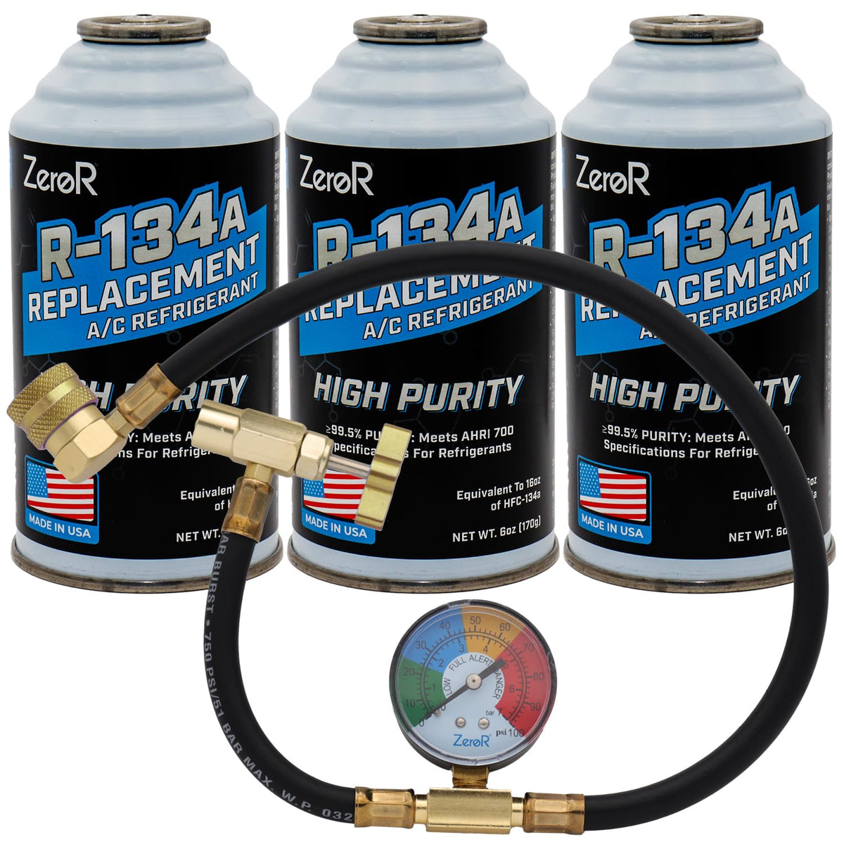 ZeroR AC Refrigerant R134a Replacement - Eco-Friendly, 100% Natural Hydrocarbon Gas - Compatible and Easy to Install with R134a A/C Recharge Systems - 3 Cans (6oz Each)