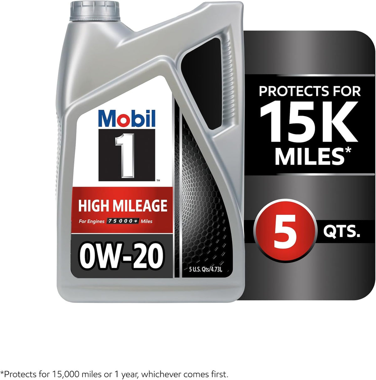 Mobil 1 High Mileage Full Synthetic Motor Oil 0W-20, 5 Quart
