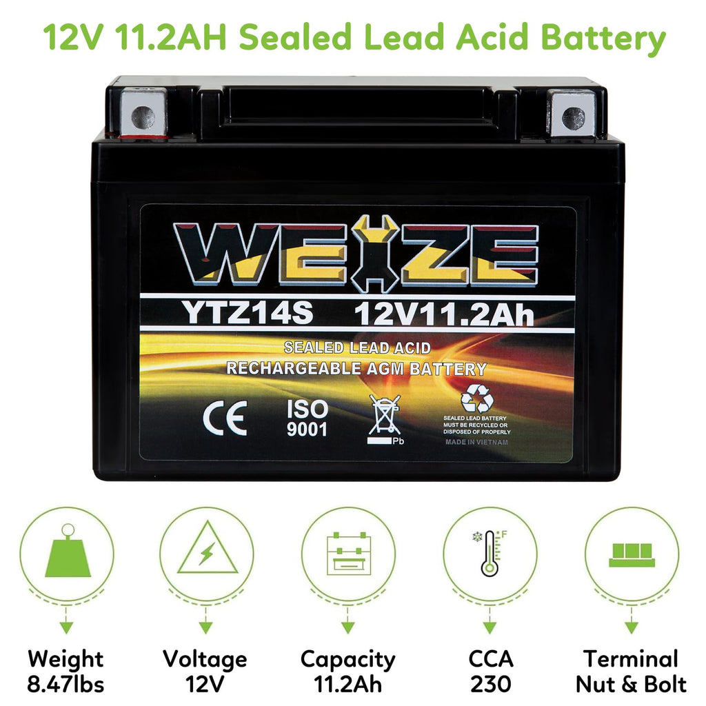 Weize YTX14 BS ATV Battery High Performance - Maintenance Free - Sealed AGM YTX14-BS Motorcycle Battery compatible with Honda Suzuki Kawasaki Yamaha scooter snowmobile