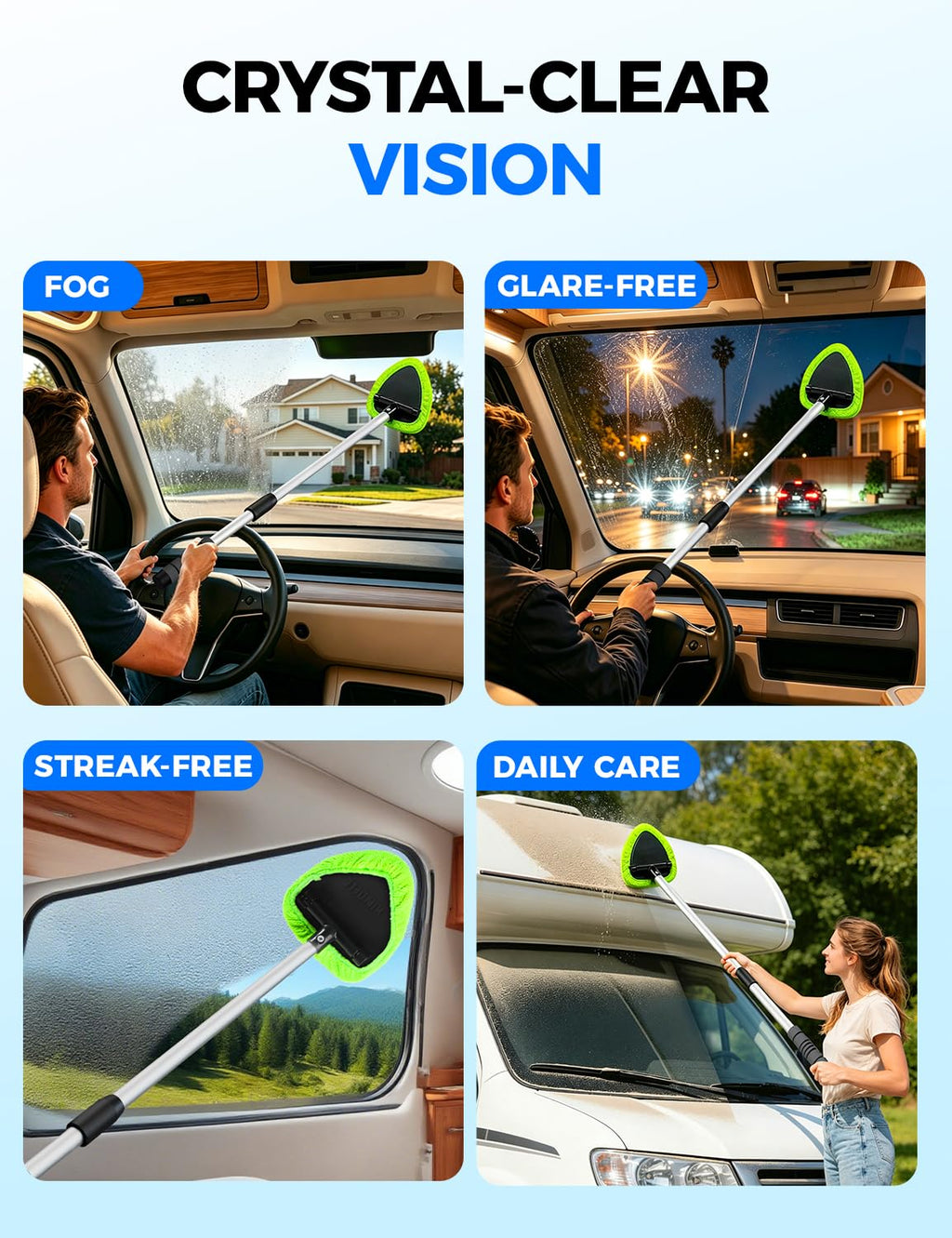 XINDELL Interior Windshield Cleaner Tool – Car Interior Window Cleaning Kit with Extendable Handle & 4 Microfiber Pads, Auto Wiper Inside Compact Windshield Brush for Car & Home Windows