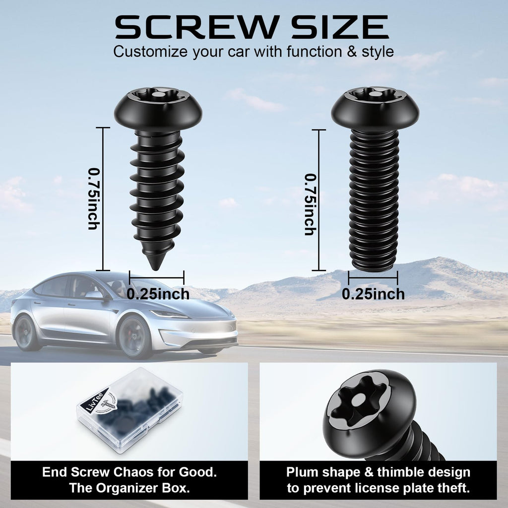 LivTee Rustproof License Plate Screws for Securing License Plates Frames and Covers on Cars and Trucks, 4 Sets Premium Stainless Steel Self Tapping Mounting Bolts (Black Zinc Plated)