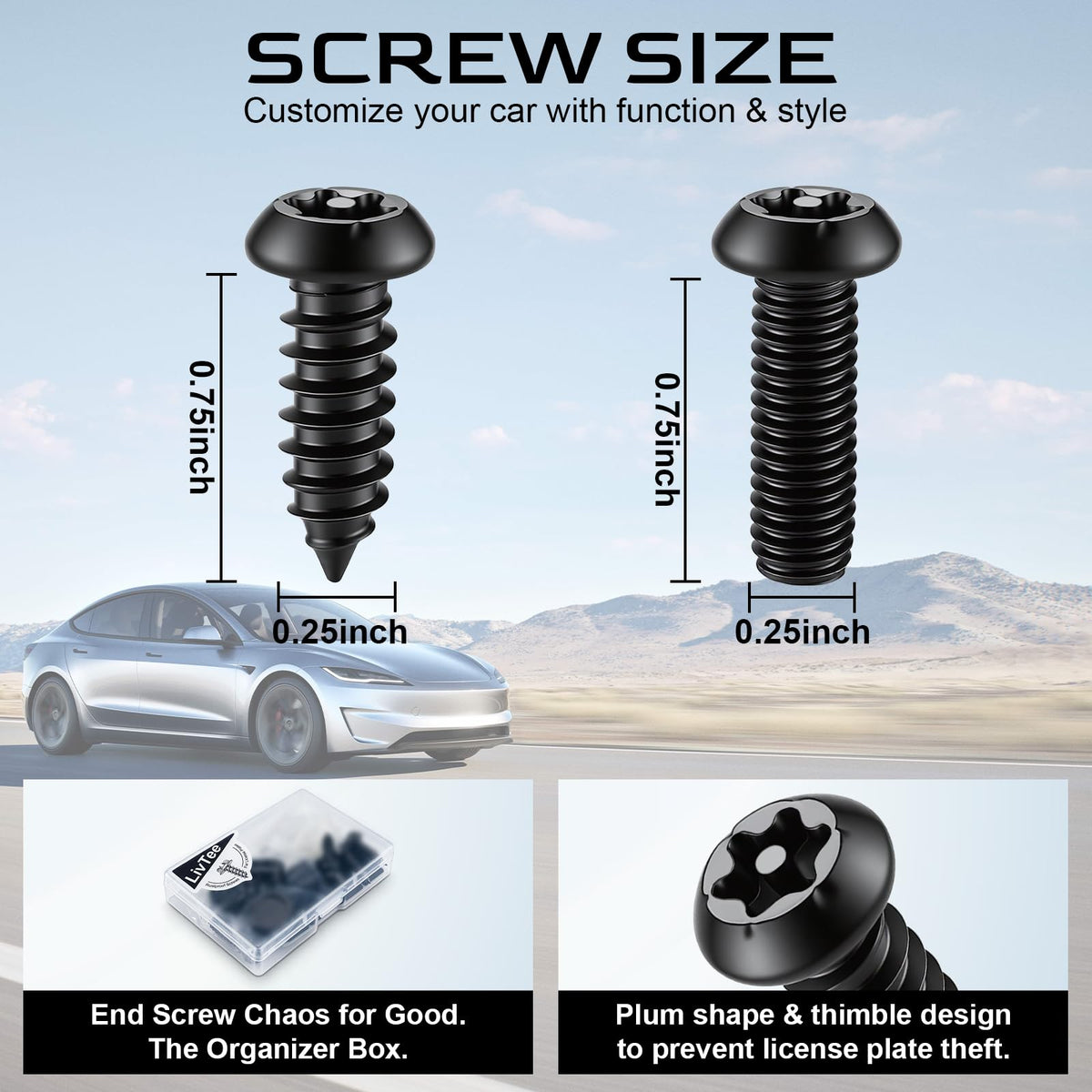 LivTee Rustproof License Plate Screws for Securing License Plates Frames and Covers on Cars and Trucks, 4 Sets Premium Stainless Steel Self Tapping Mounting Bolts (Black Zinc Plated)