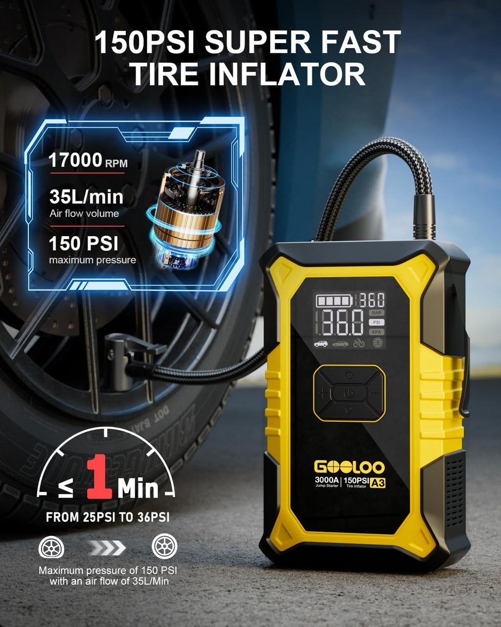 GOOLOO A3 12V 3000A Portable Jump Starter with Air Compressor