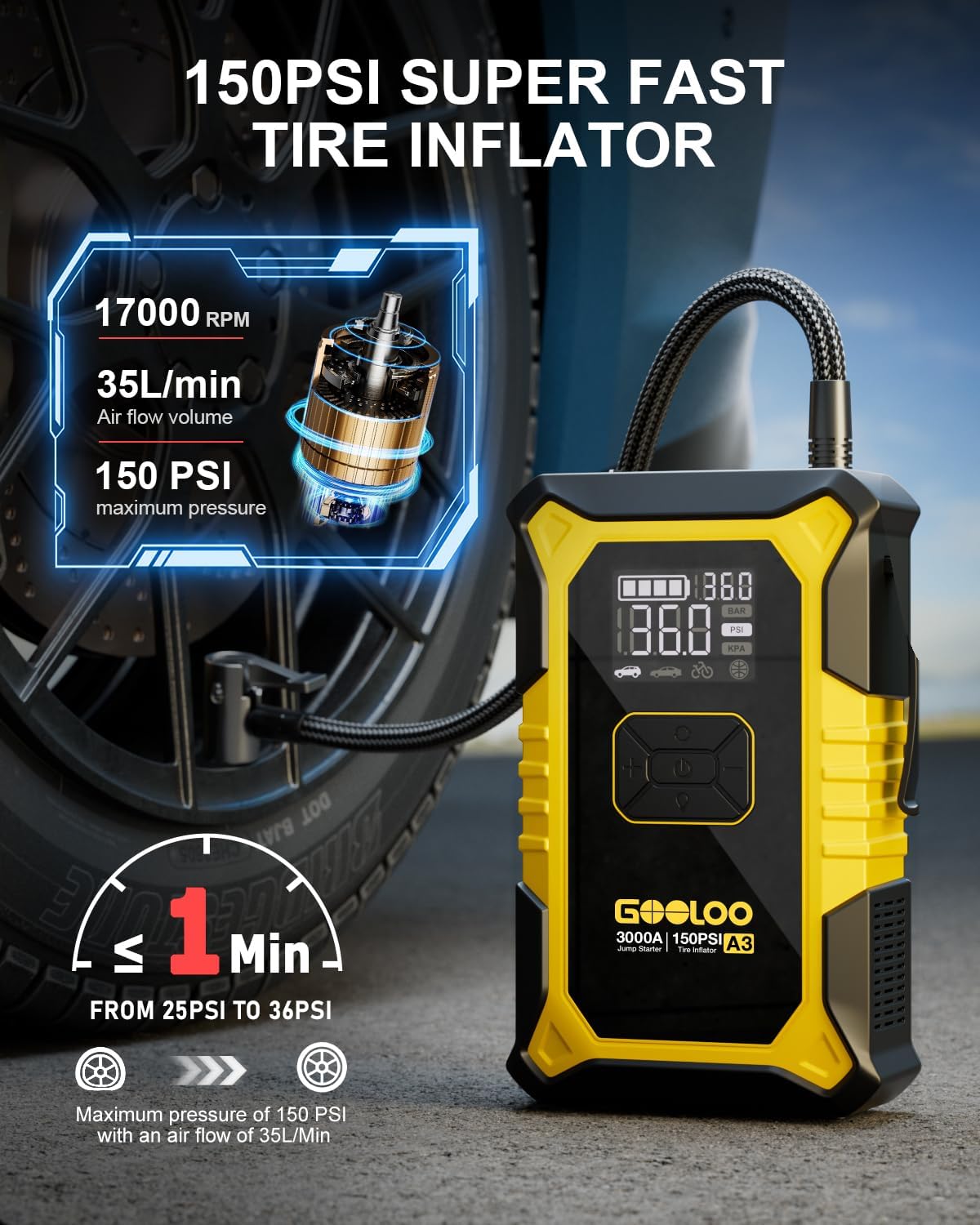 GOOLOO A3 12V 3000A Portable Jump Starter with Air Compressor