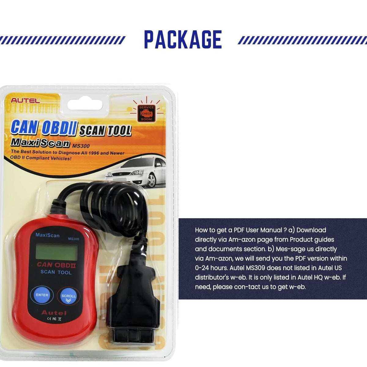 Autel MS300 OBD2 Scanner Code Reader, Turn Off Check Engine Light, Read & Erase Fault Codes, Check Emission Monitor Status CAN Diagnostic Scan Tool