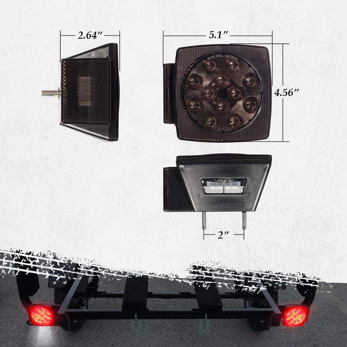 Partsam 12V Submersible Square Led Trailer Light,Red White LED Stop Turn Tail License Brake Running Light Lamp for Trailers Under 80" Boat Trailer Truck Marine Camper RV Snowmobile,IP68,DOT Compliant