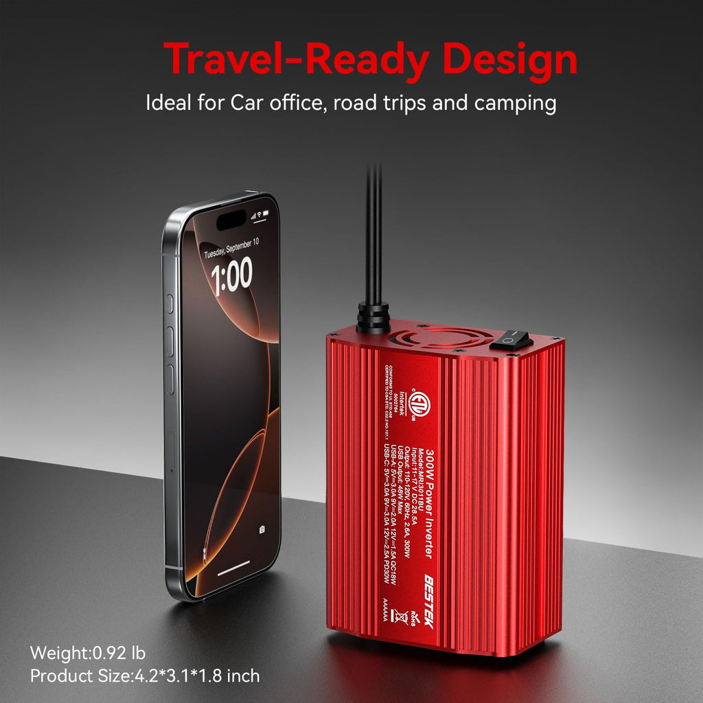 BESTEK Power Inverter DC 12-17V to AC 110V - 300W Car Plug Adapter Outlet