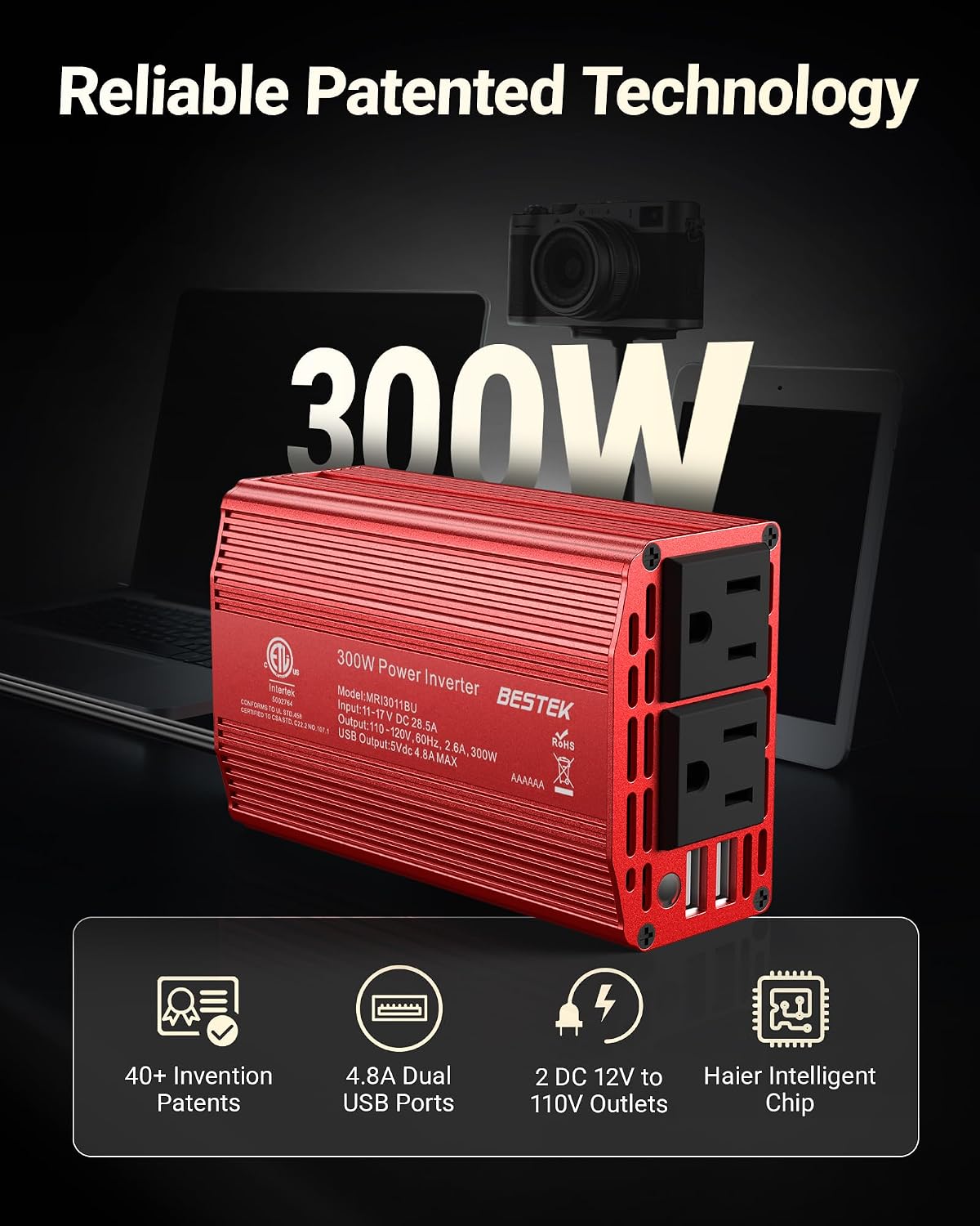 BESTEK Power Inverter DC 12-17V to AC 110V - 300W Car Plug Adapter Outlet