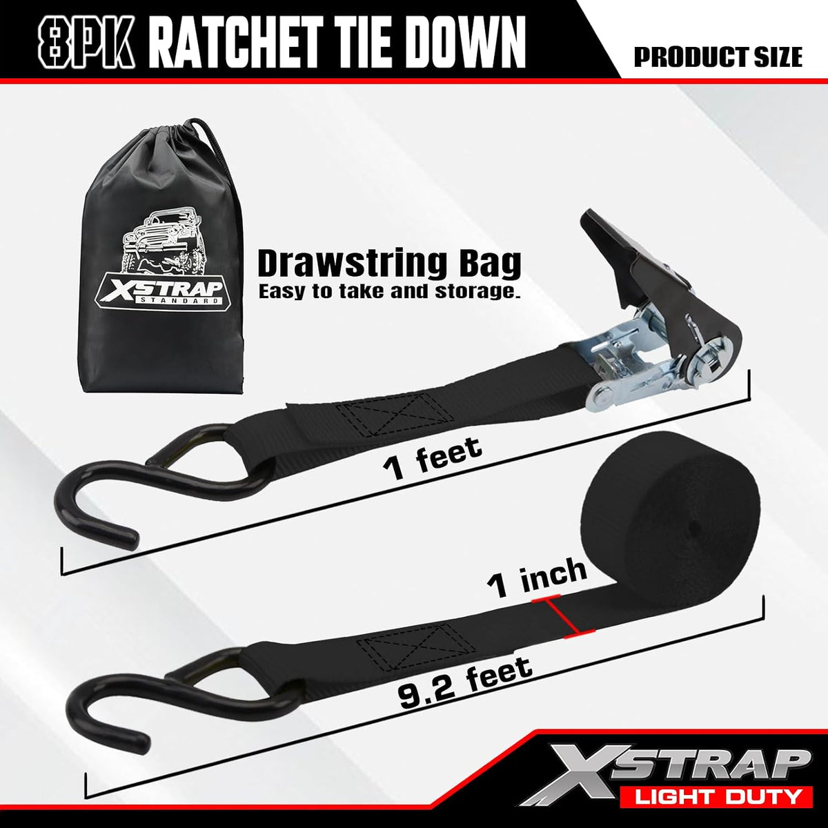 XSTRAP STANDARD 8-PK Ratchet Tie Down Straps, 1" x 10FT Cargo Straps, Black