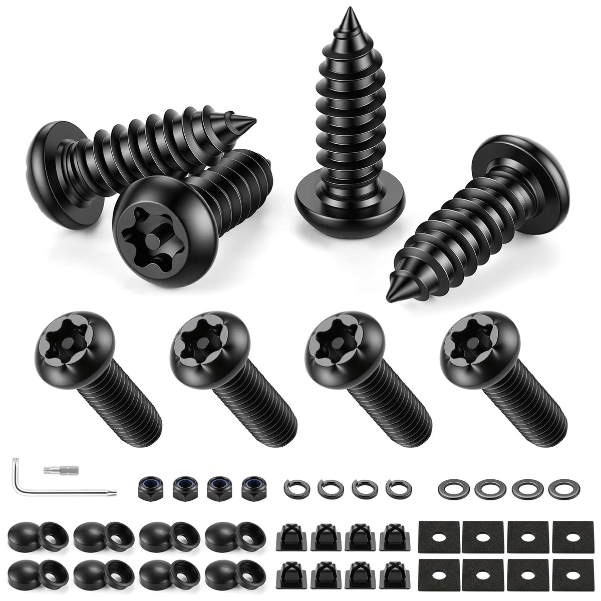 LivTee Rustproof License Plate Screws for Securing License Plates Frames and Covers on Cars and Trucks, 4 Sets Premium Stainless Steel Self Tapping Mounting Bolts (Black Zinc Plated)