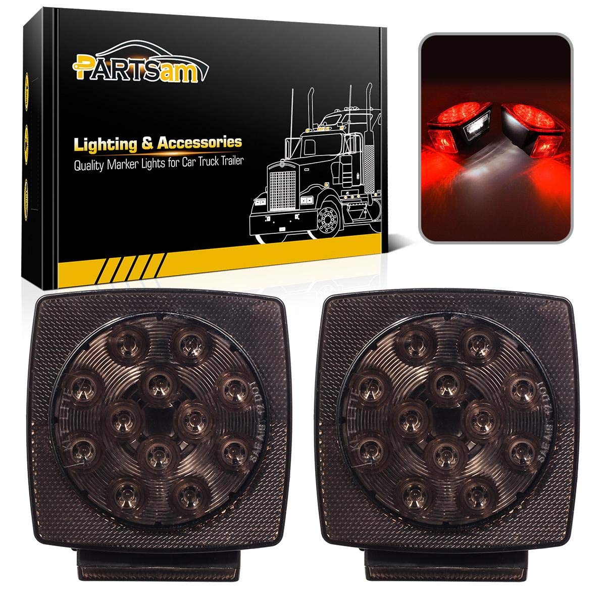 Partsam 12V Submersible Square Led Trailer Light,Red White LED Stop Turn Tail License Brake Running Light Lamp for Trailers Under 80" Boat Trailer Truck Marine Camper RV Snowmobile,IP68,DOT Compliant