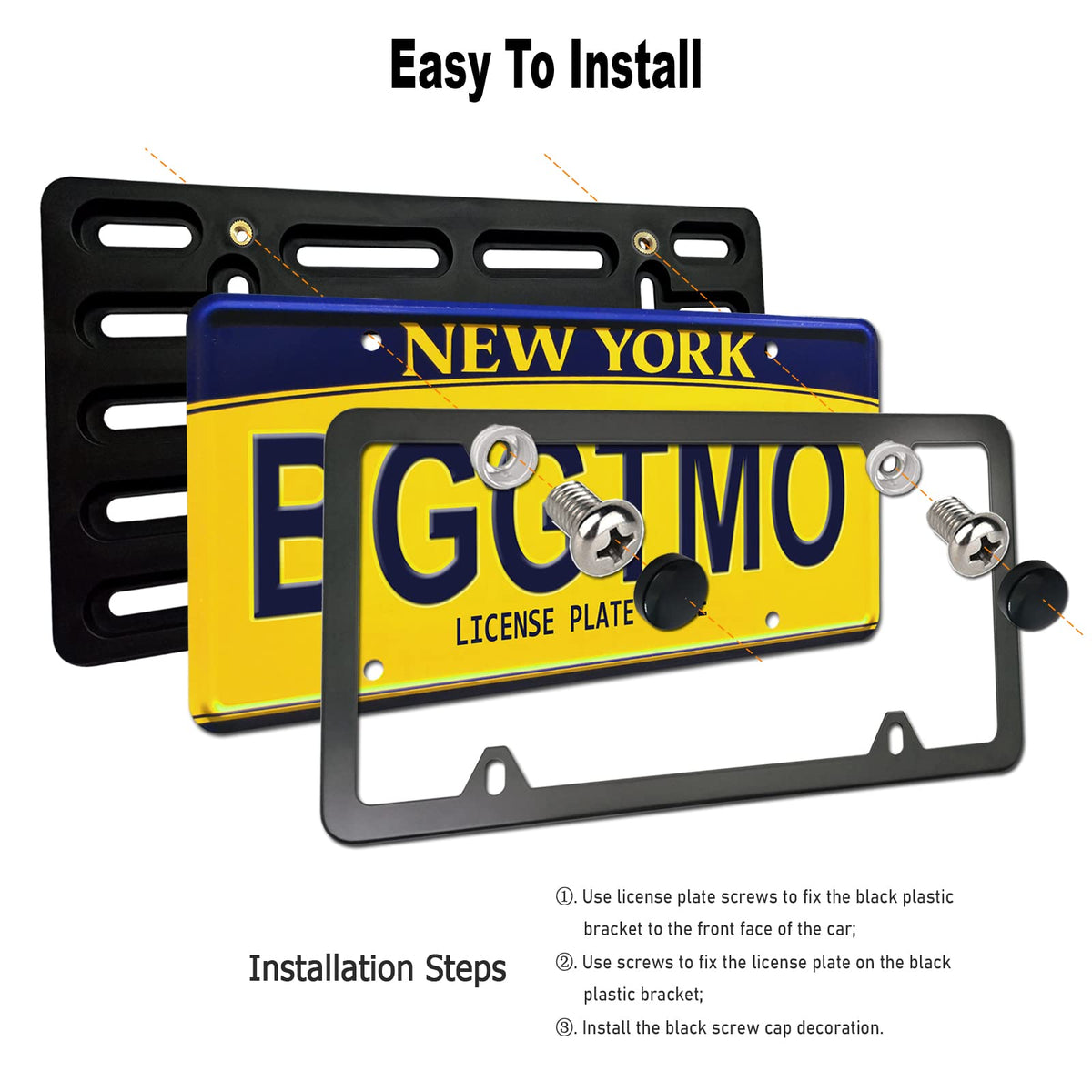 BGGTMO License Plate Bracket Holder- Front License Plate Mounting Kit, Universal Bumper Car Tag Frame Mount Adapter with Stainless Steel Screw Cap, Cable Ties