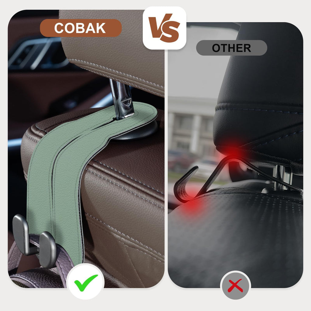 CoBak Purse Hook for Car - Universal Premium Stitched Leather and Aluminum-Magnesium Alloy Double Car Seat Back Storage Hook for Purses, Handbags, Bags (2 Pack),Black