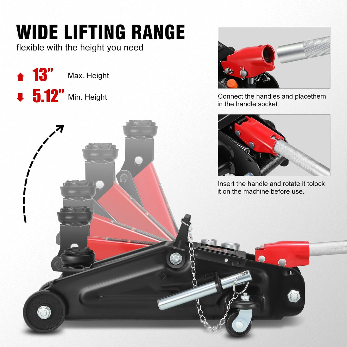 DNA Motoring TOOLS-00234 Low Profile Hydraulic Trolley Service/Floor Jack, 2 Ton (4000 lbs) Capacity, Lifting Range 5.1"-13", Black