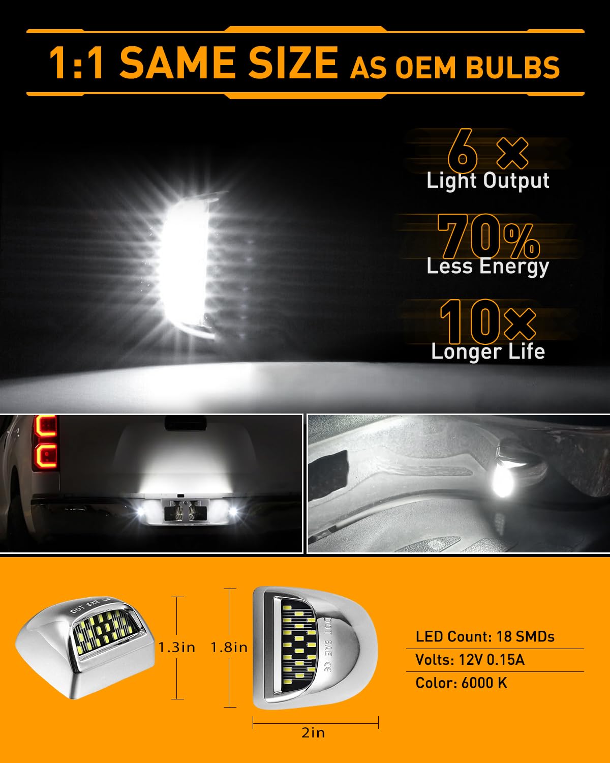 LESAUCE Full LED License Plate Light Tag Lamp Assembly Replacement for Chevy Silverado 1500 2500 3500 Suburban Tahoe GMC Sierra Yukon XL for Escalade, 6000K White, Pack of 2