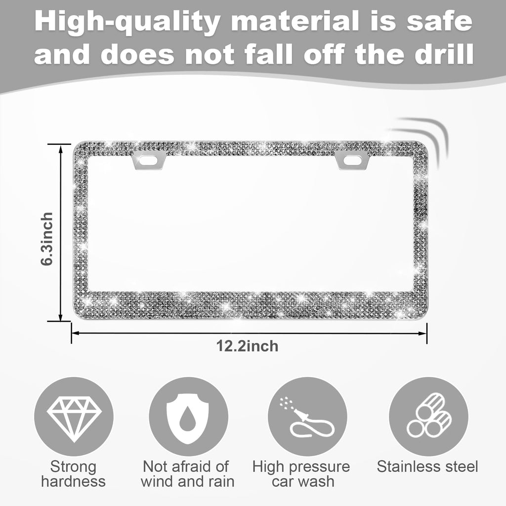 QUANQIUFEI 2 Pack Bling License Plate Frames for Women, Sparkly Rhinestone Diamond Car Accessories with Glitter Crystal Caps (Black)