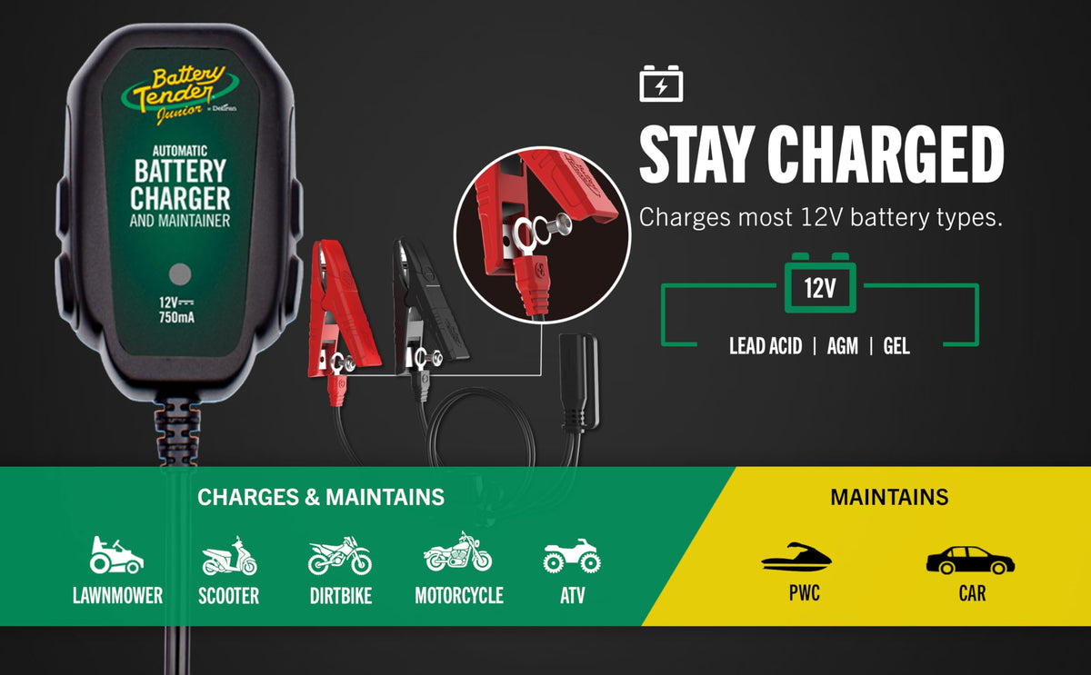 Battery Tender Junior 12V, 750mA Charger and Maintainer: Automatic 12V Powersports for Motorcycle, ATVs, and More - Smarter Than a Trickle Charger - 021-0123