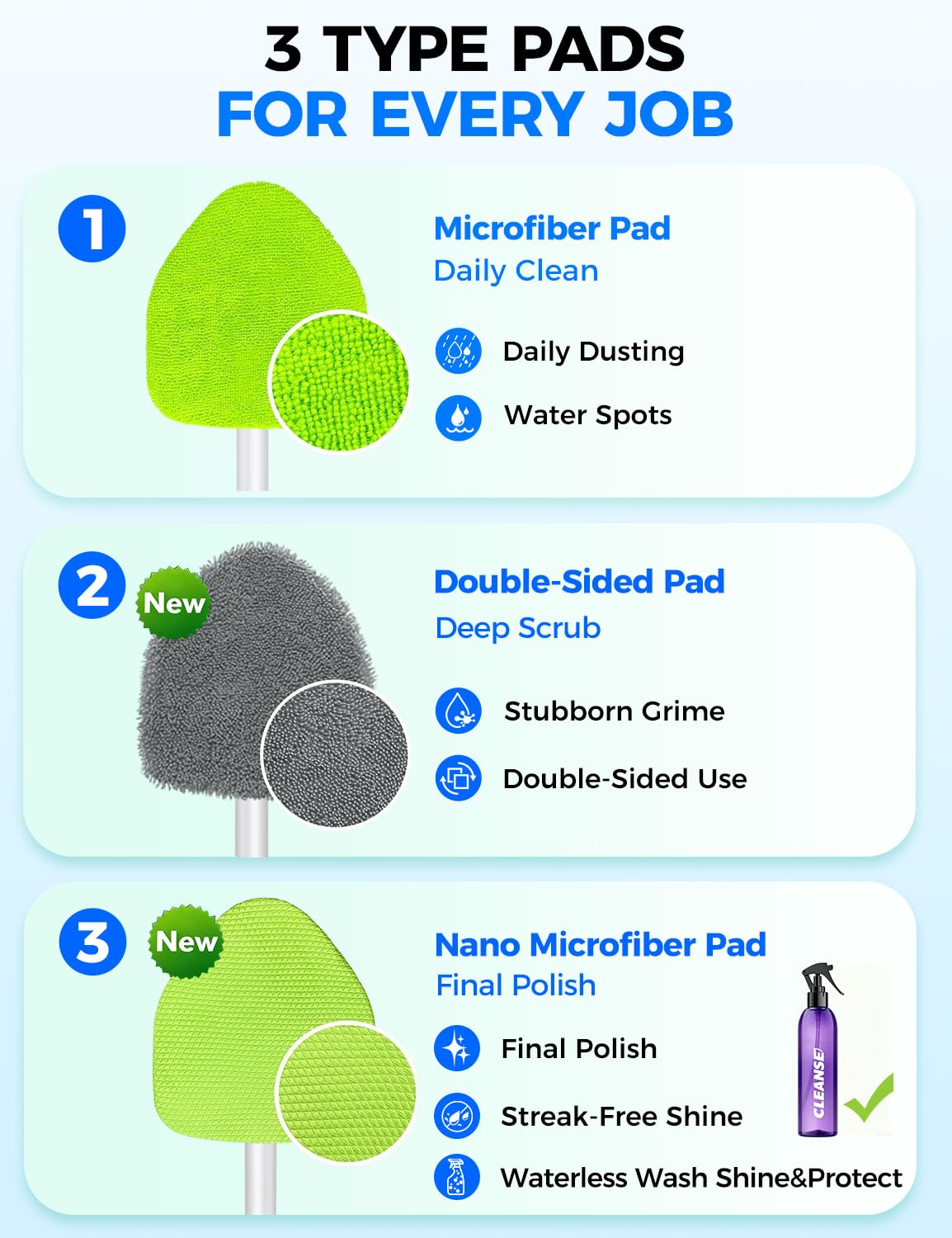 XINDELL Interior Windshield Cleaner Tool – Car Interior Window Cleaning Kit with Extendable Handle & 4 Microfiber Pads, Auto Wiper Inside Compact Windshield Brush for Car & Home Windows