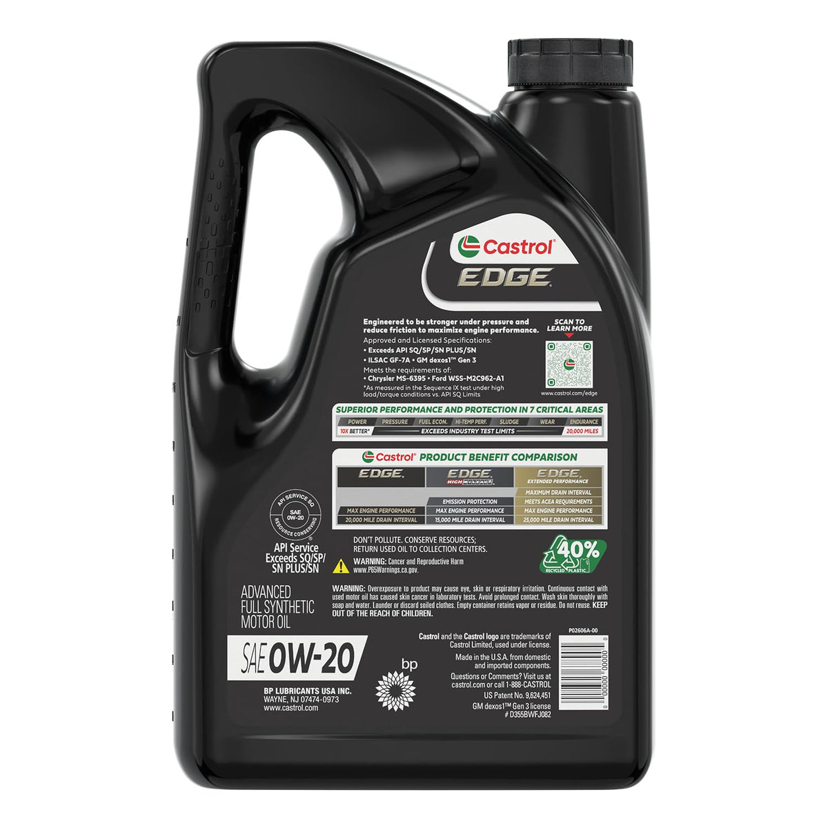 Castrol EDGE 0W-20 Advanced Full Synthetic Motor Oil, 5 Quarts