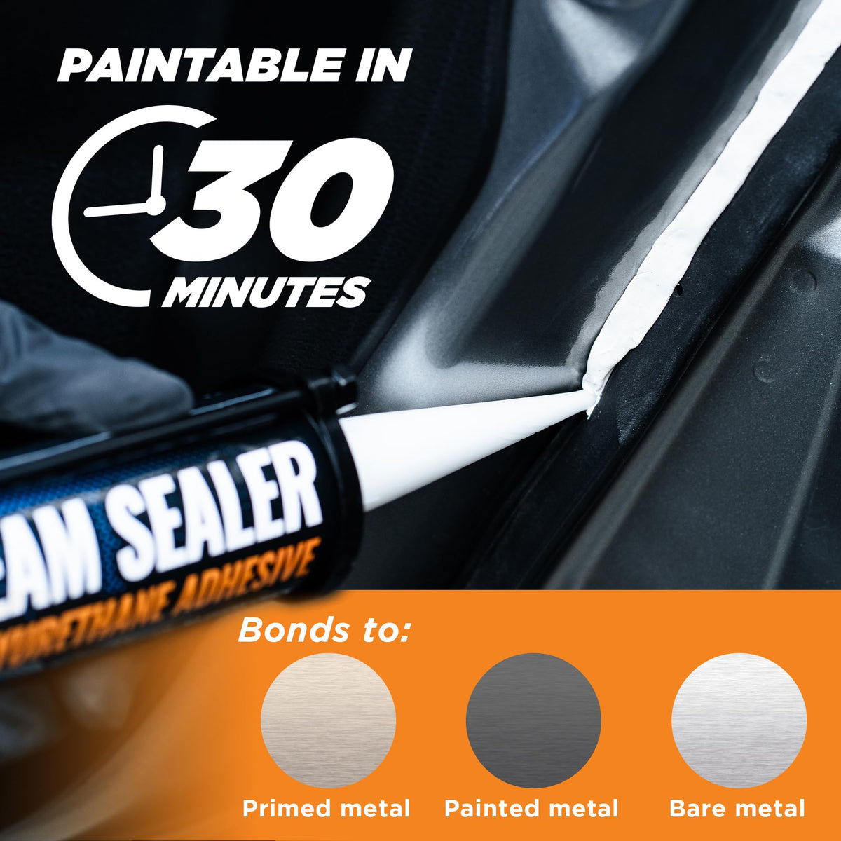 [Black] Professional Automotive Seam Sealer, Paintable Quick-Set Polyurethane Auto Body Seam Sealer for Metal Surfaces of Cars, Trucks, Etc, Includes Gloves & Tip - Black RV Roof Sealant