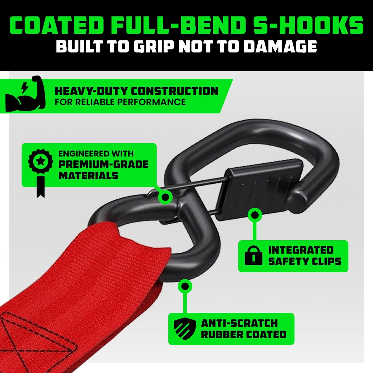 Rhino USA Ratchet Straps Tie Downs (4-Pack) - 1in x 15ft with S Hooks
