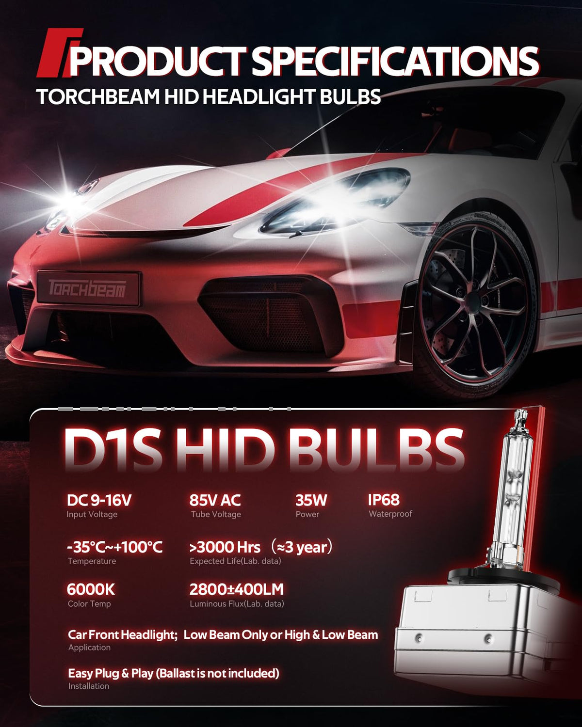 Torchbeam D3S HID Bulbs, 6000K Cool White, 35W 66340 42403 42302 (42403C1) Replace HID Xenon Bulbs, (Not fit Halogen Assembly), Pack of 2