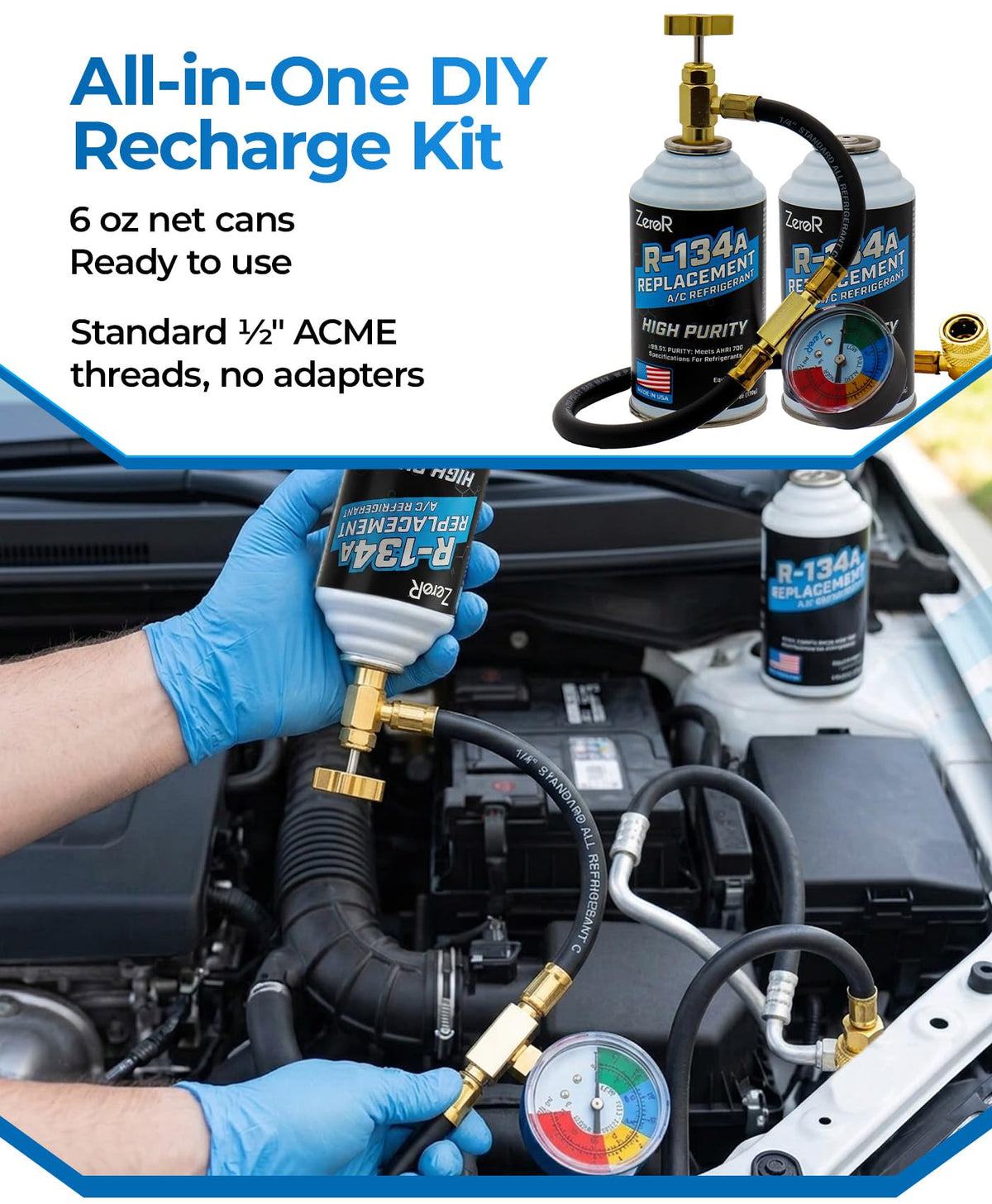 ZeroR AC Refrigerant R134a Replacement - Eco-Friendly, 100% Natural Hydrocarbon Gas - Compatible and Easy to Install with R134a A/C Recharge Systems - 3 Cans (6oz Each)