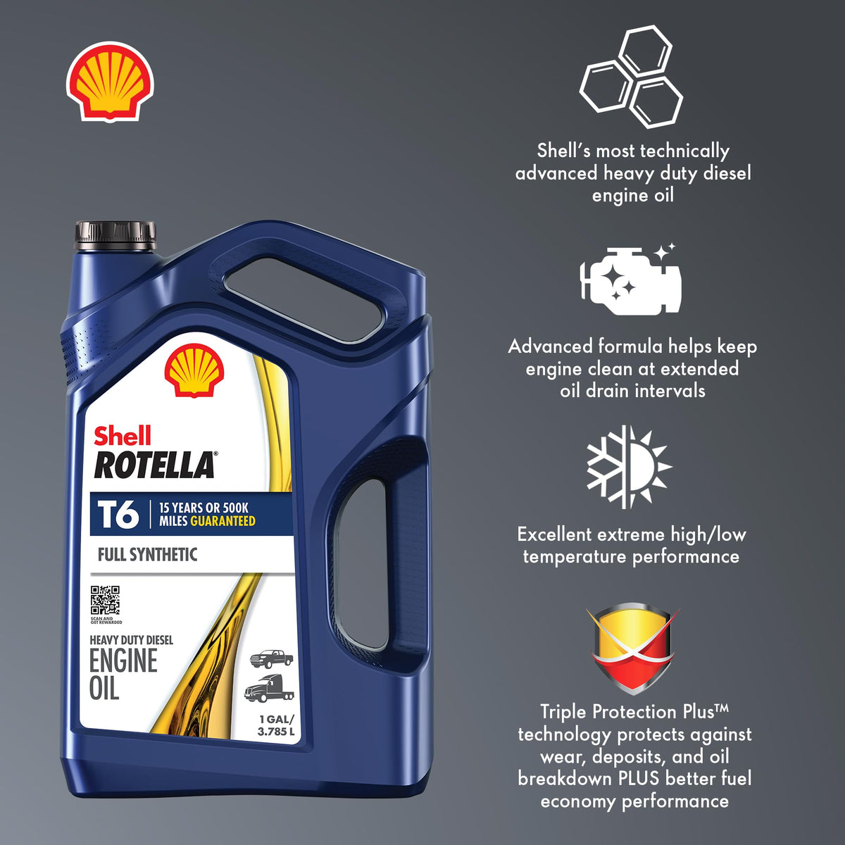 Shell Rotella T6 Full Synthetic 15W-40 Diesel Engine Oil, 1 Gallon (3 Pack)