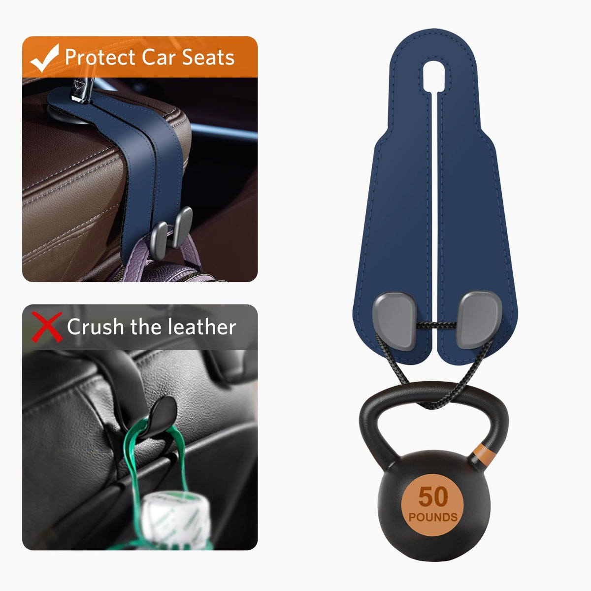 CoBak Purse Hook for Car - Universal Premium Stitched Leather and Aluminum-Magnesium Alloy Double Car Seat Back Storage Hook for Purses, Handbags, Bags (2 Pack),Black