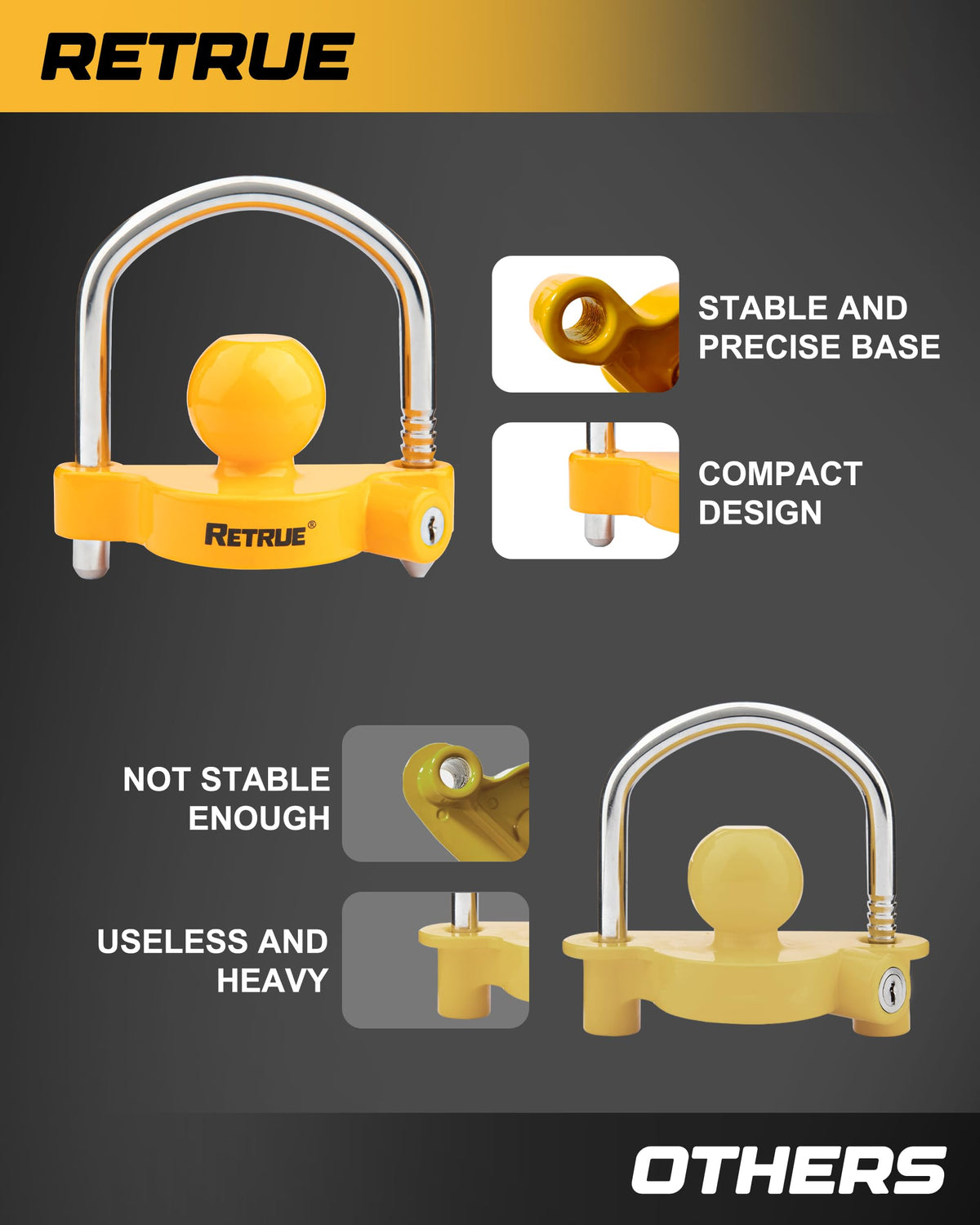 RETRUE Universal Trailer Coupler Lock, Adjustable Hitch Lock, Bright Yellow