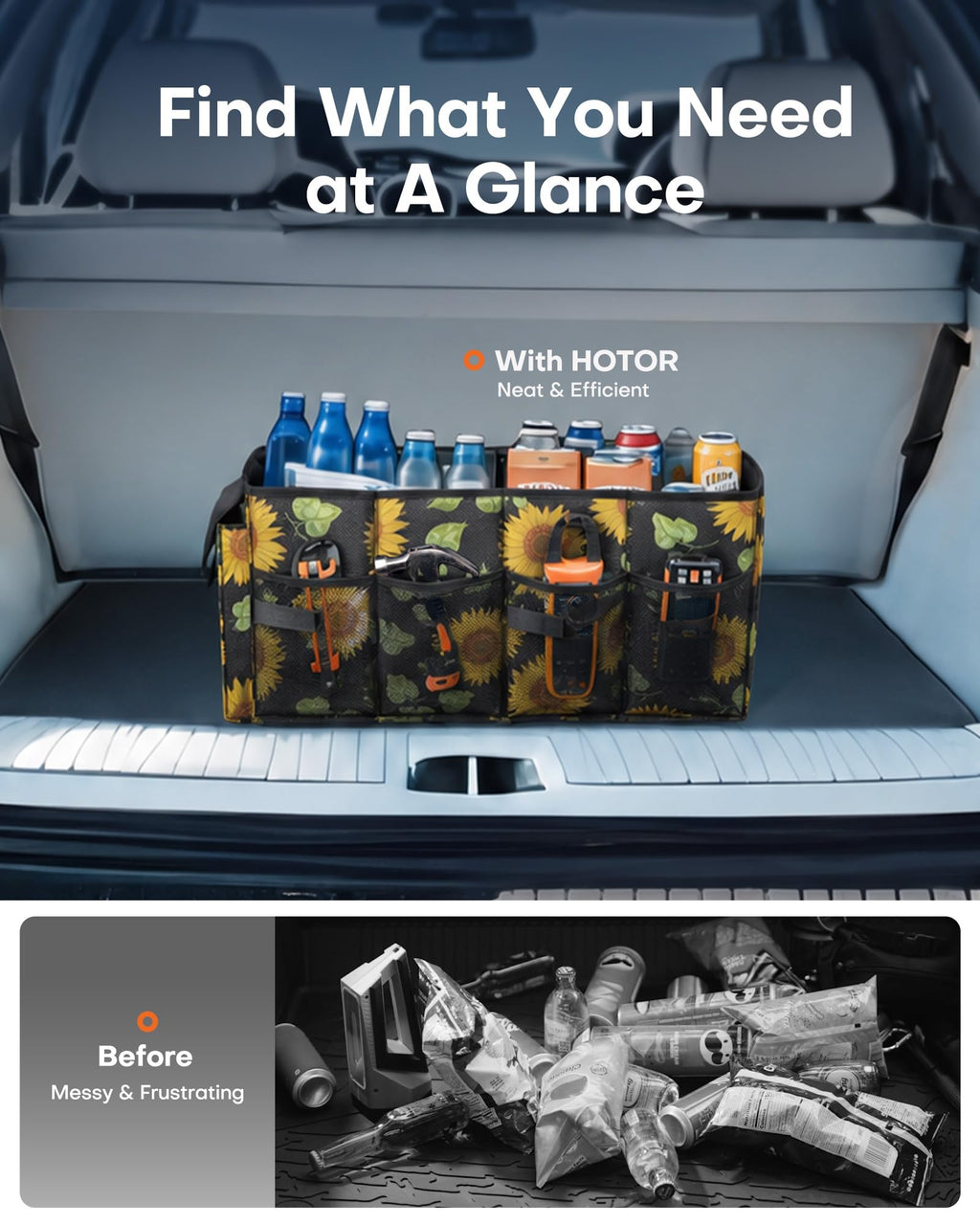 HOTOR Trunk Organizer - Foldable Car Organizer for SUVs & Sedans Storage