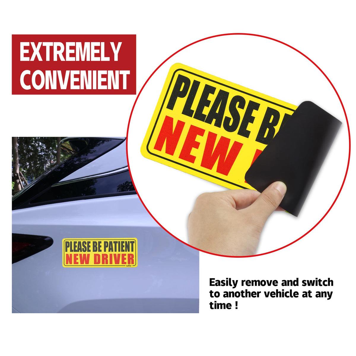 JUSTTOP 3pcs Student Driver Magnet for Car, Please Be Patient Student Driver, New Drivers Sticker Safety Warning, Magnetic Reflective Rookie Driver Bumper Sticker (Black&Red)