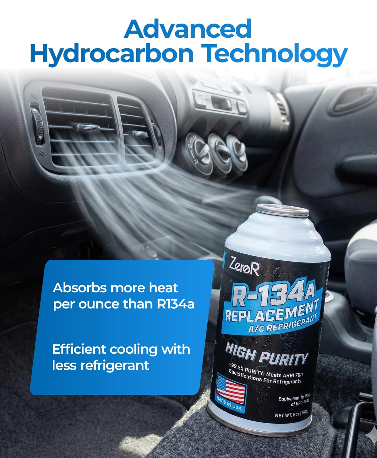 ZeroR AC Refrigerant R134a Replacement - Eco-Friendly, 100% Natural Hydrocarbon Gas - Compatible and Easy to Install with R134a A/C Recharge Systems - 3 Cans (6oz Each)