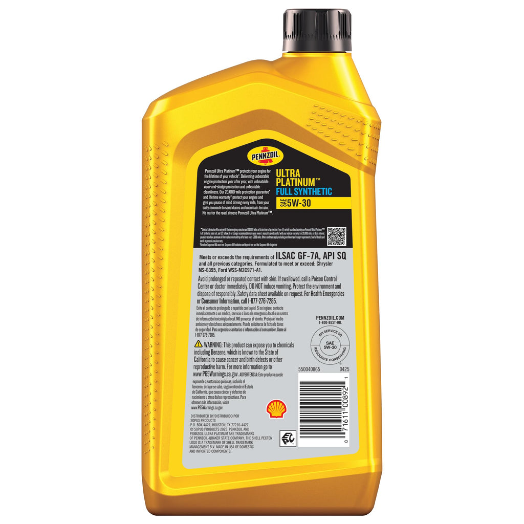 Pennzoil Ultra Platinum Full Synthetic 0W-40 Motor Oil, 1 Quart (6 Pack)