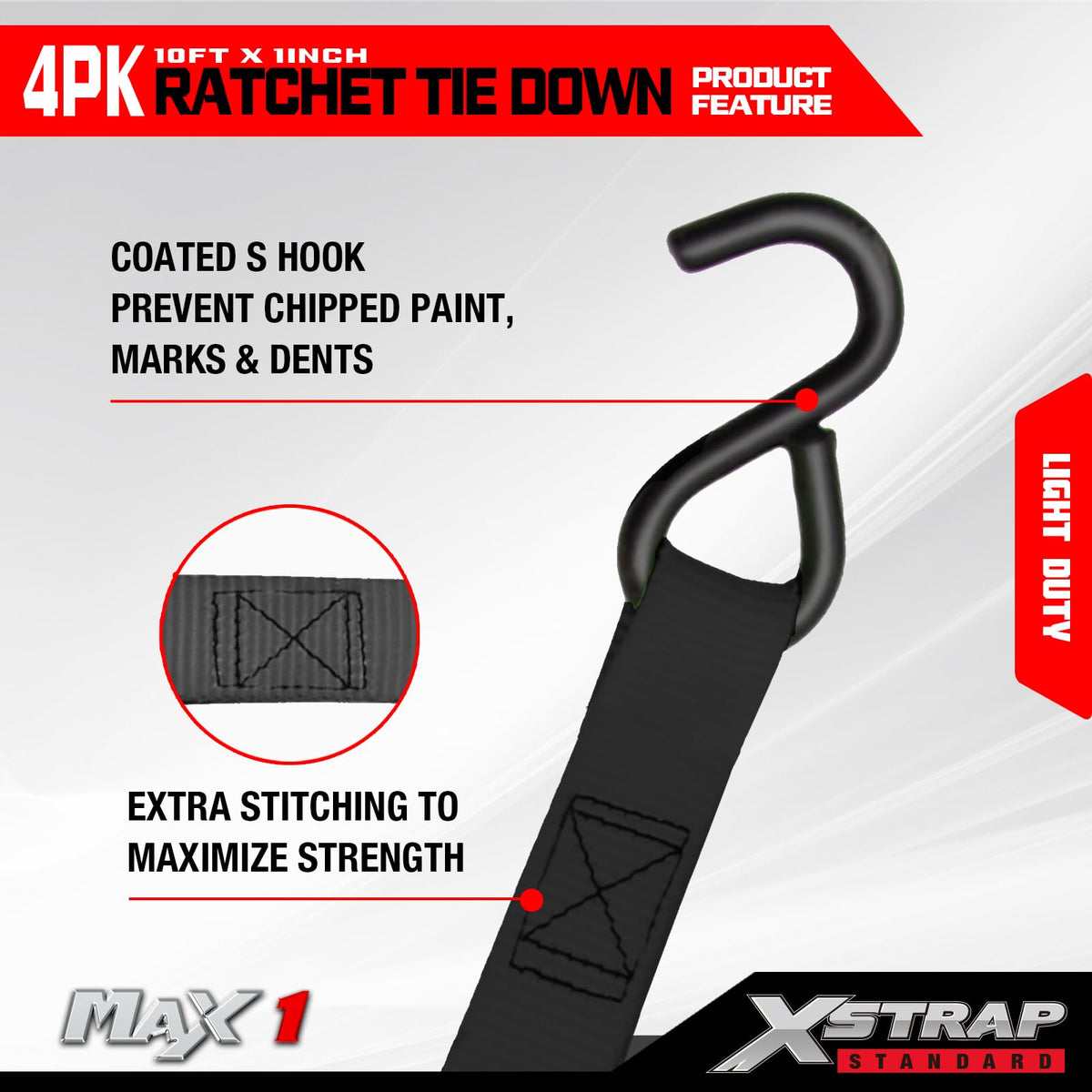 XSTRAP STANDARD 8-PK Ratchet Tie Down Straps, 1" x 10FT Cargo Straps, Black