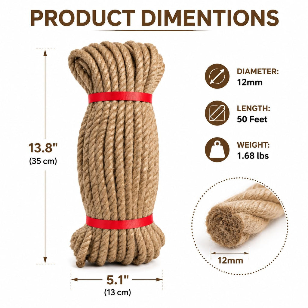 Natural Jute Twine, 8MM x 50FT Jute Rope Roll, Heavy Duty Thick Twine for Cat Scratching Post, Bundling, Gardening and DIY Crafts